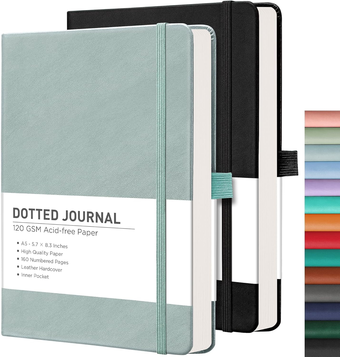 Bullet Dotted Journal Notebook, 2-Pack, 160 Numbered Pages per Pack, A5 Medium Size (5.7'' x 8.3''), 120 GSM Thick Paper, Leather Hardcover, for Bullet Journaling (Black & Blue-gray)