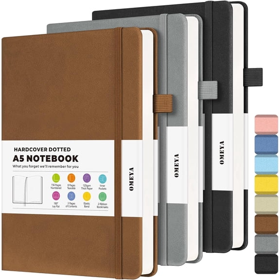 Bullet Dotted Journal Notebook 3 Pack, A5 Dotted Journal with 120gsm Paper, Leather Dotted Notebook, Hardcover Dot Grid Notebook Each with 156 Nmubered Pages, Dot Journal for Women, Men 5.75" 8.38"