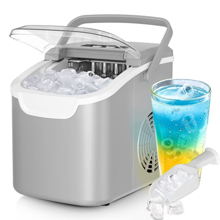 WAA Bullet Ice Maker Countertop with Handle,9 Bullet Ice Cubes Ready in 6 Mins,26 Lbs/24H,Self-Cleaning Portable Ice Machine with Basket and Scoop,for Home/Kitchen,Grey