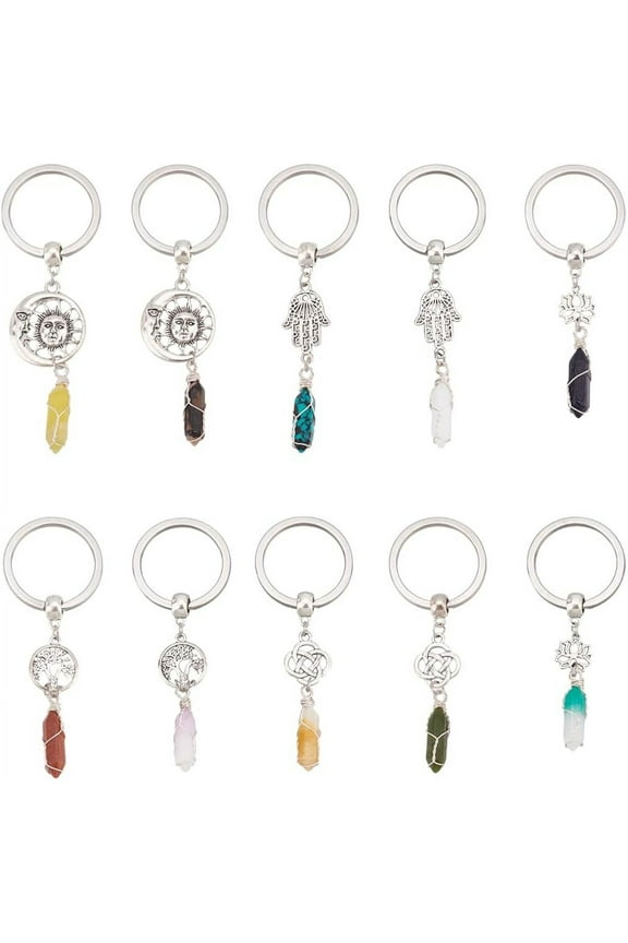 Bullet Natural & Synthetic Gemstone Pendant Keychain with Alloy Pendants and 304 Stainless Steel Keychain Clasp 8~9cm 10pcs/set