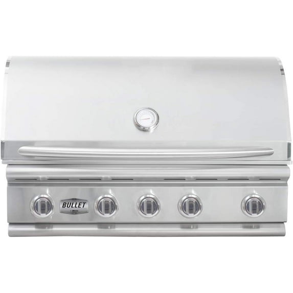 Bullet Premium 5 Burner Outdoor Kitchen Grill, Built-In Propane Grill with 75,000 BTUs of Heat, 304 Stainless Steel Construction, Cast Iron Heat Treated Reliabull Bar Burners and Piezo Igniters
