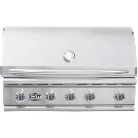 Bullet Premium 5 Burner Outdoor Kitchen Grill, Built-In Propane Grill with 75,000 BTUs of Heat, 304 Stainless Steel Construction, Cast Iron Heat Treated Reliabull Bar Burners and Piezo Igniters