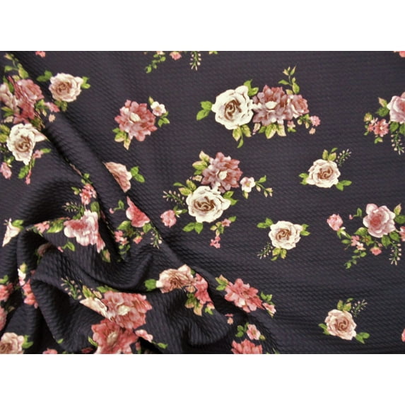 Bullet Printed Liverpool Textured Fabric Stretch Black Mauve Brown Floral O37