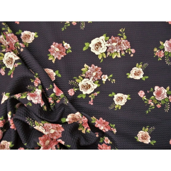 Bullet Printed Liverpool Textured Fabric Stretch Black Mauve Brown Floral O37