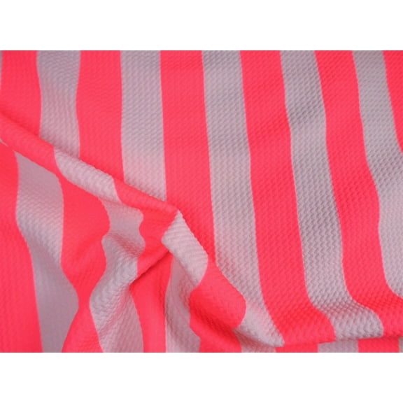 Bullet Printed Liverpool Textured Fabric Stretch Neon Pink White 1" Stripe P22 (Yard)