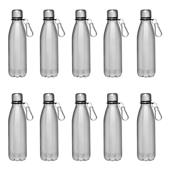 Bullet Shape Stainless Steel Water Bottles 26 oz. Set of 10, Bulk Pack - Leak Proof, With Carabiner, Leak Proof, Perfect for Gym, Hiking, Camping, Outdoor Sports - Silver