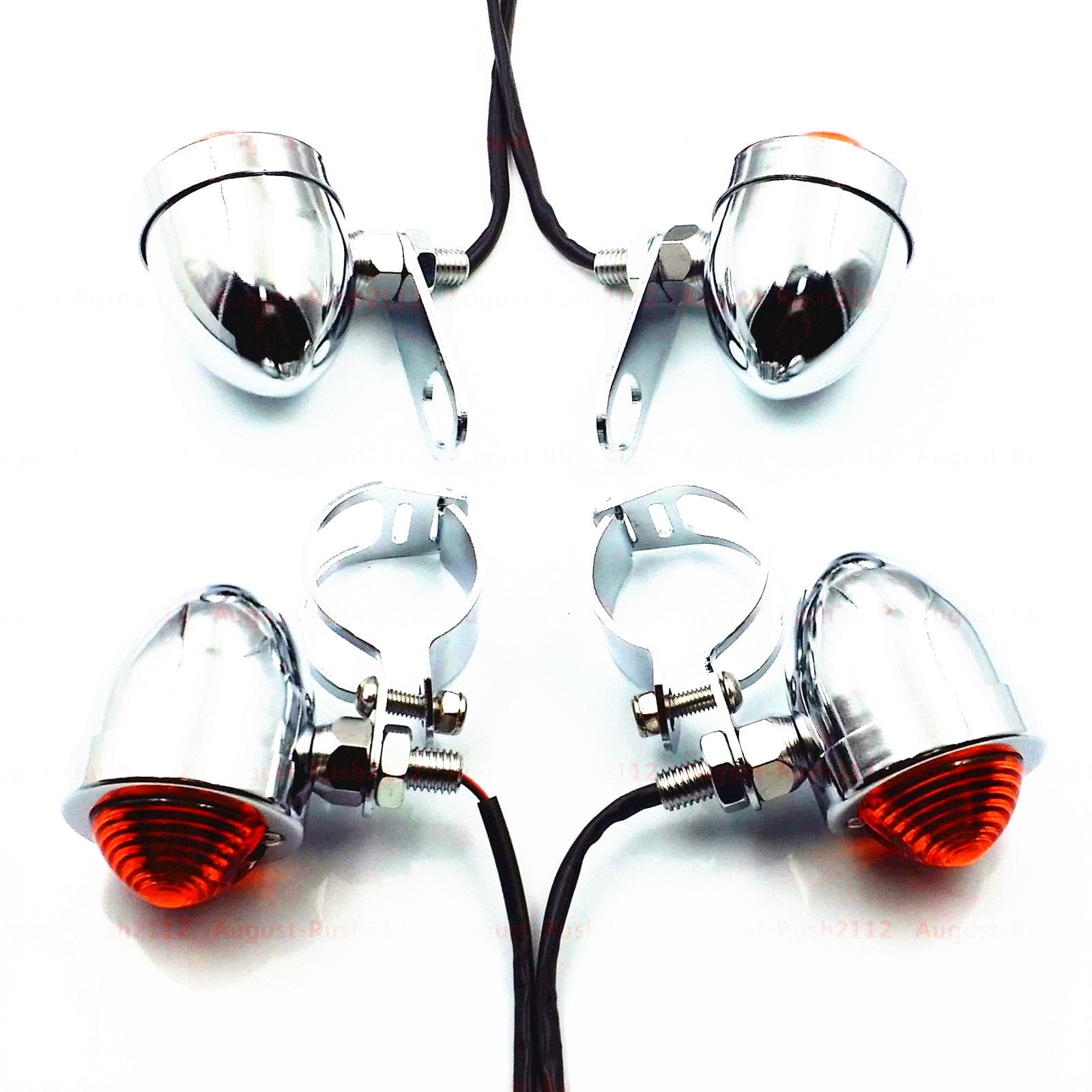 Bullet Turn Signal Fork Clamps & Shock Brackets - Chrome/Amber For Harley, Honda, Kawasaki Motorcycles