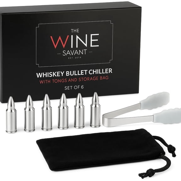 Bullet Whiskey Chillers Stones - Whiskey Rocks by Set of 6 - Stainless Steel Bullet Shaped Ice Cubes, Gift Box Come, Tongs and Storage Bag, Whiskey or Scotch Rocks (Silver)