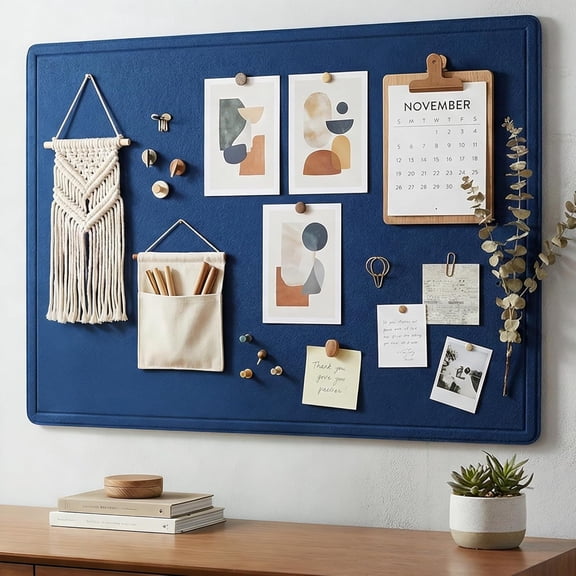 Bulletin Board, 24" x 36" Foldable Felt Notice Pin Board for Wall, Decorative CorkBoard Photo Display Board with Self-Adhesive Tape, Vision Board Cork Board Alternative with 25 Pushpins - Blue