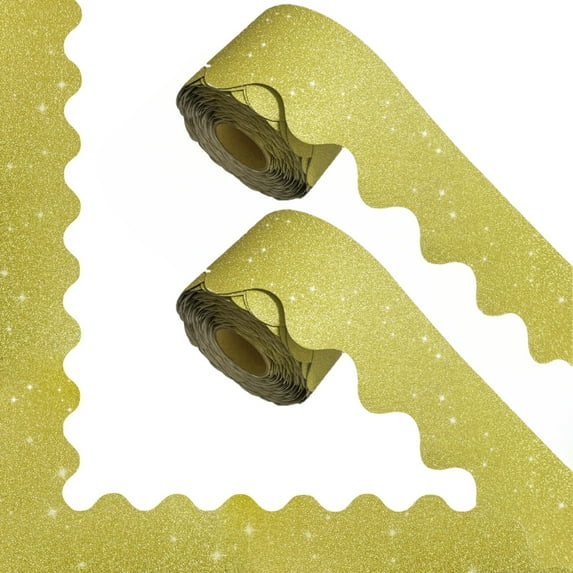 Bulletin Board Borders, 2.24in x 64ft Gold Glitter Scalloped Border Trim Holiday Decoration for School, Bulletin Board Border Decorative,Classroom Poster Office Party Wall Locker Decor