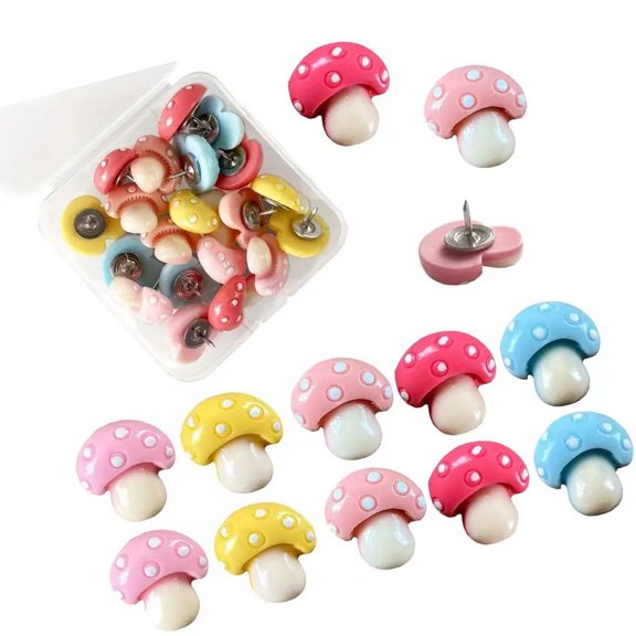 Bulletin Board Tacks Mushroom Resin Push Pins Metal Points Boxed 20 Count for Memo Display Picture Notes Teacher Desk Study Corner Apartment Wall