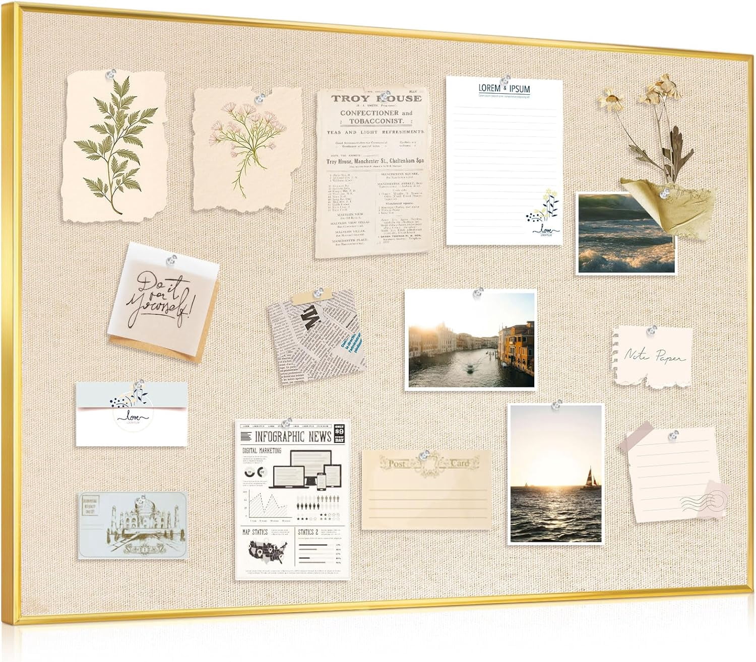 Bulletin Board with Linen 24'' x 18'' Golden Aluminum Frame, Fabric Cork Boards for Walls, Decorative Pin Office Home Café, Beige Brown