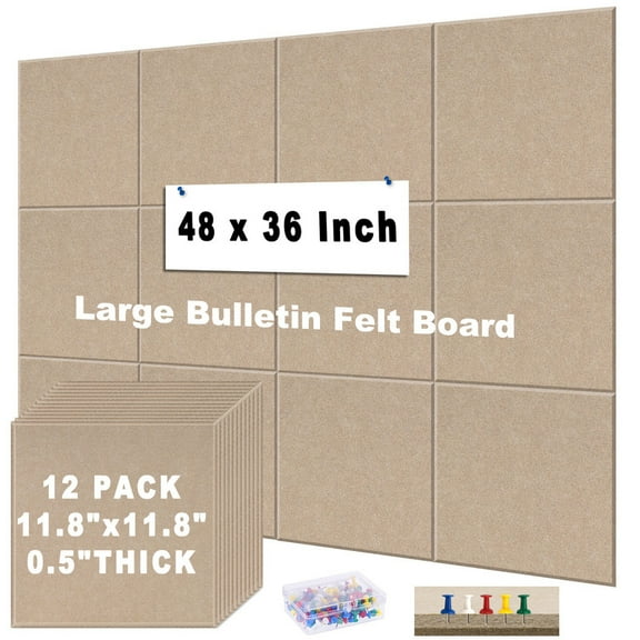 Bulletin Felt Board Pin Board 12 Pack Large Cork Board for Wall Felt Wall Tiles with Removable Adhesive Tabs, Bulletin Boards for Walls Large Corkboard for Office Home School, Latte