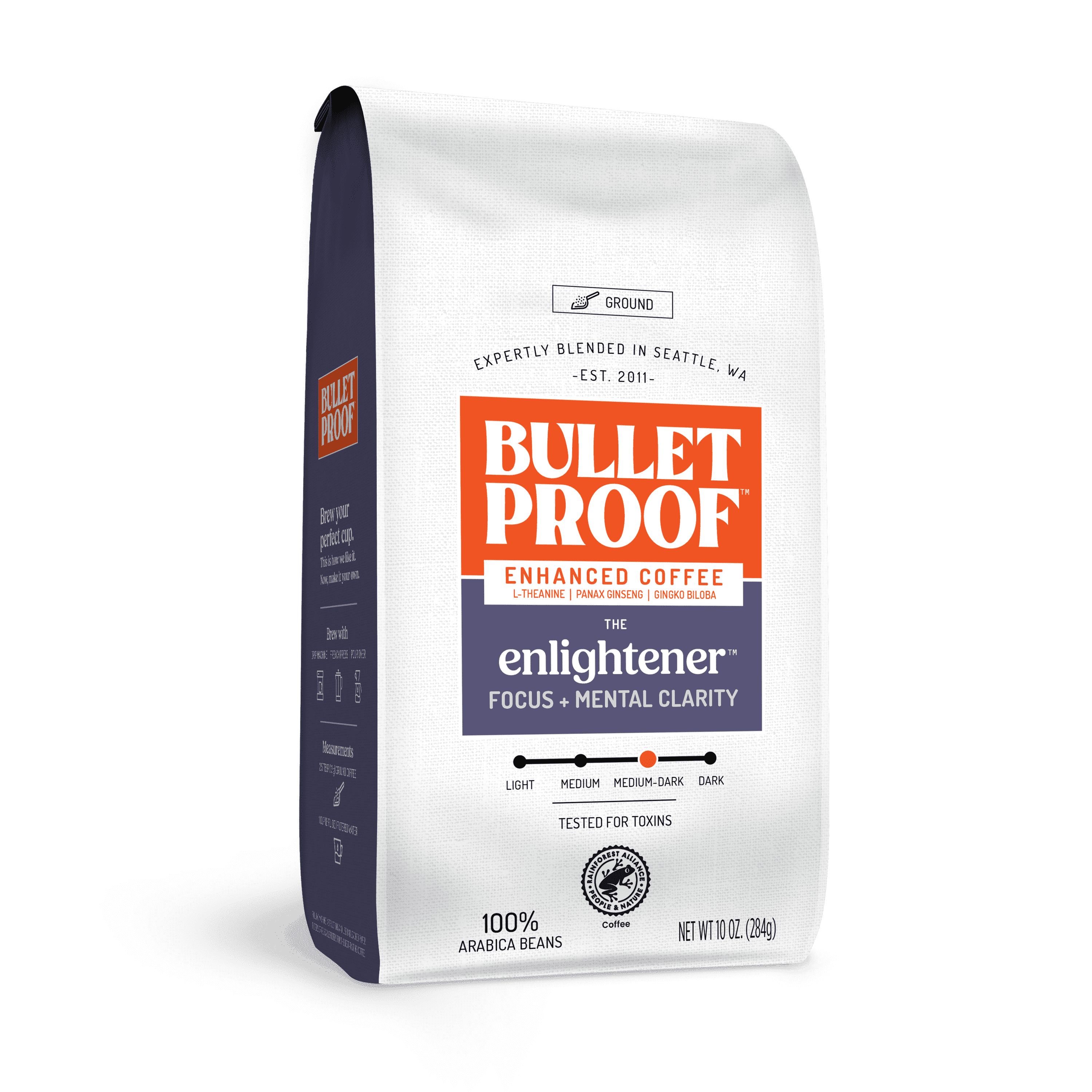 Walmart discounts of Bulletproof The Enlightener Ground Coffee, 10 Ounces, Medium-Dark Roast Enhanced Coffee with L-Theanine, Panax Ginseng and Gingko Biloba, Supports Mental Clarity, Focus, and Memory