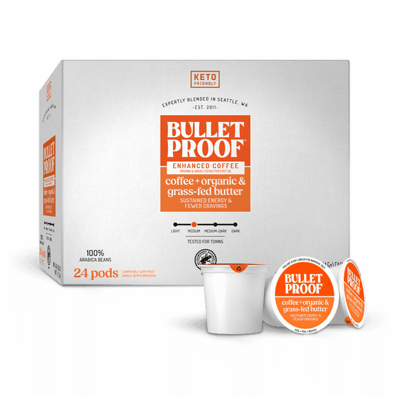Bulletproof Coffee + Organic Grass-Fed Butter Single-Serve Pods, 24 Count, Keto Coffee, All-in-One Recipe with MCT Oil and Butter