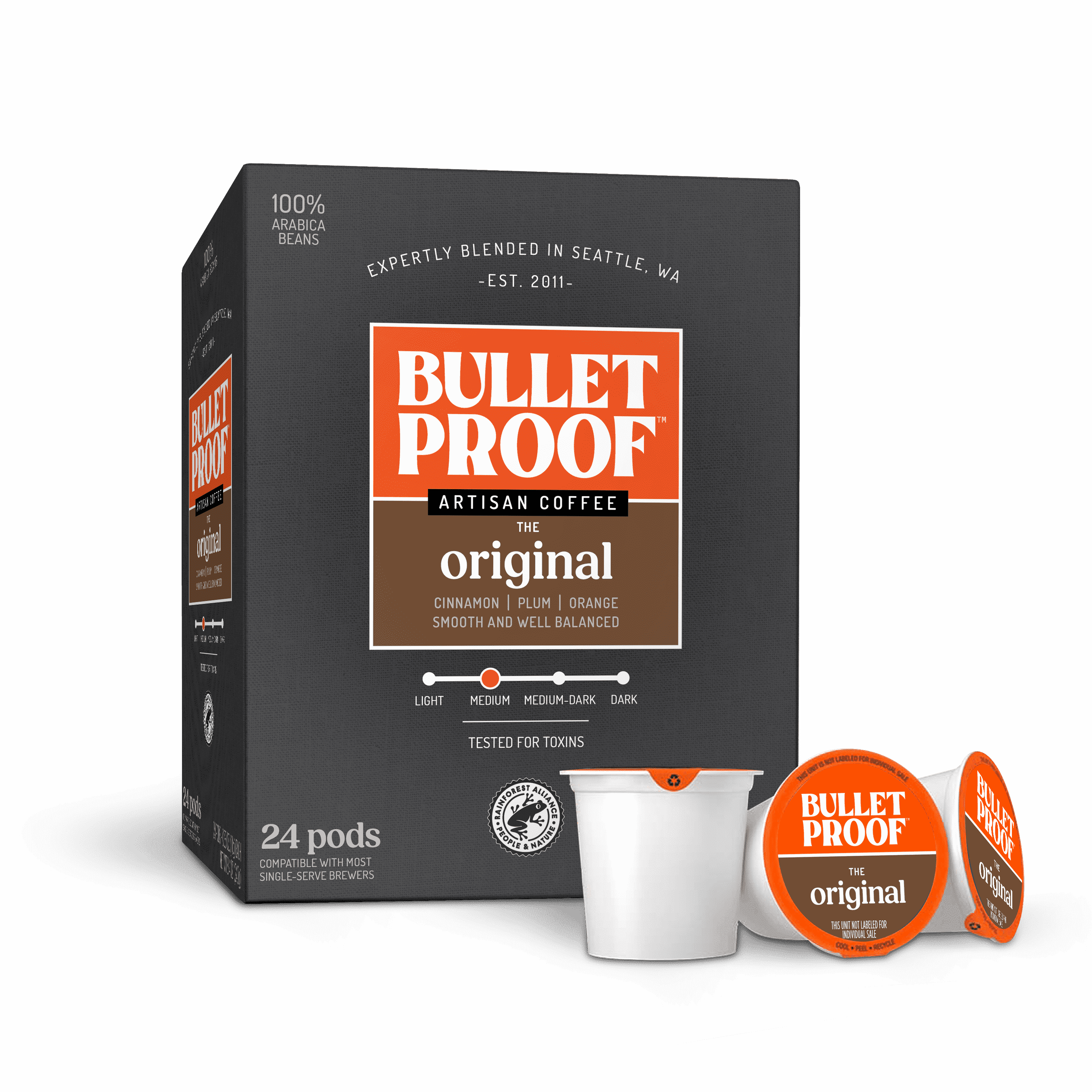 Bulletproof Original Medium Roast Single-Serve Pods, 24 Count, 100% Arabica Coffee, Clean Coffee Tested for Toxins, Packaging May Vary