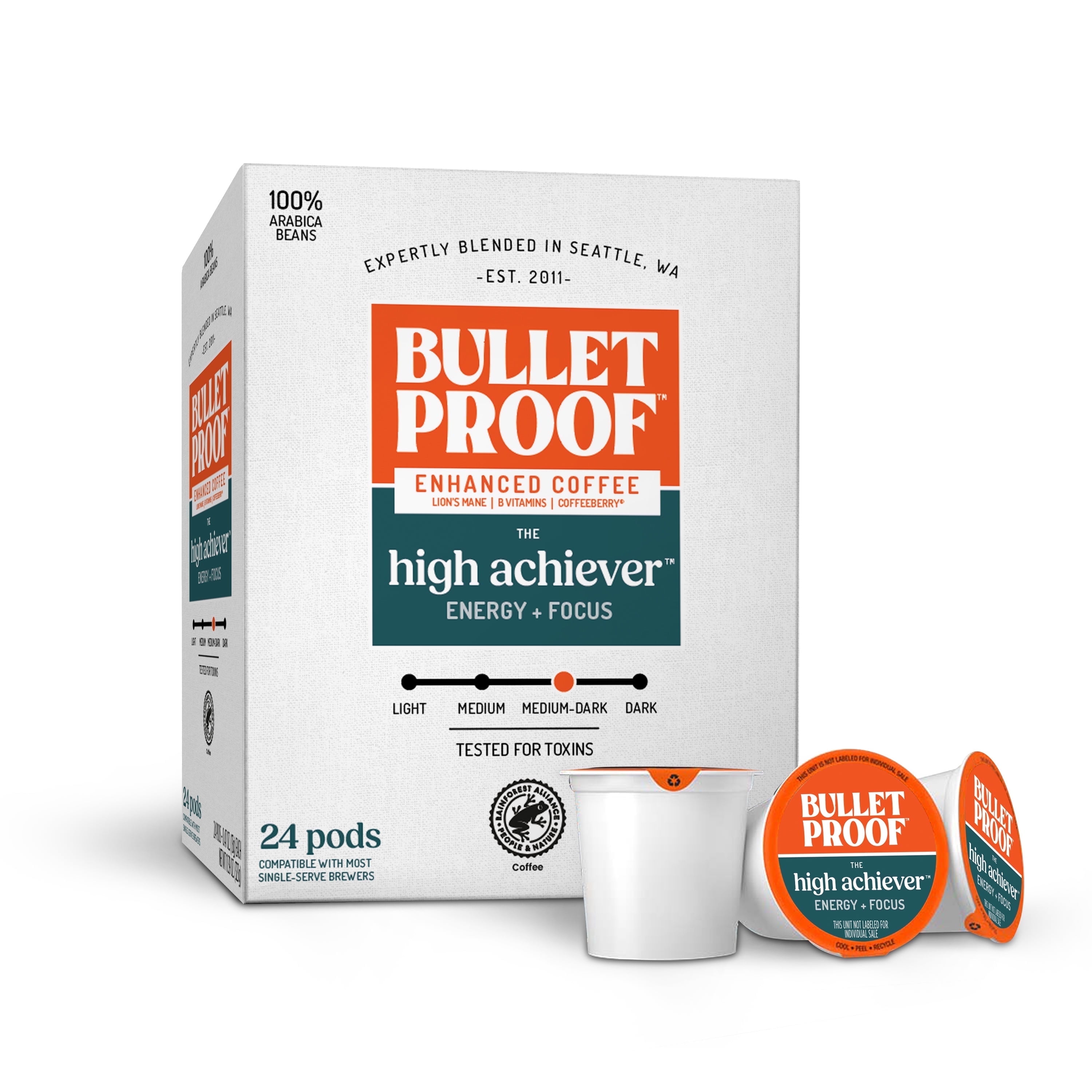 Bulletproof The High Achiever Single-Serve Pods, 24 Count, Nootropic Mushroom Coffee for Energy, w/ B Vitamins, Lions Mane and Coffeeberry, Medium-Dark Roast, Packaging May Vary