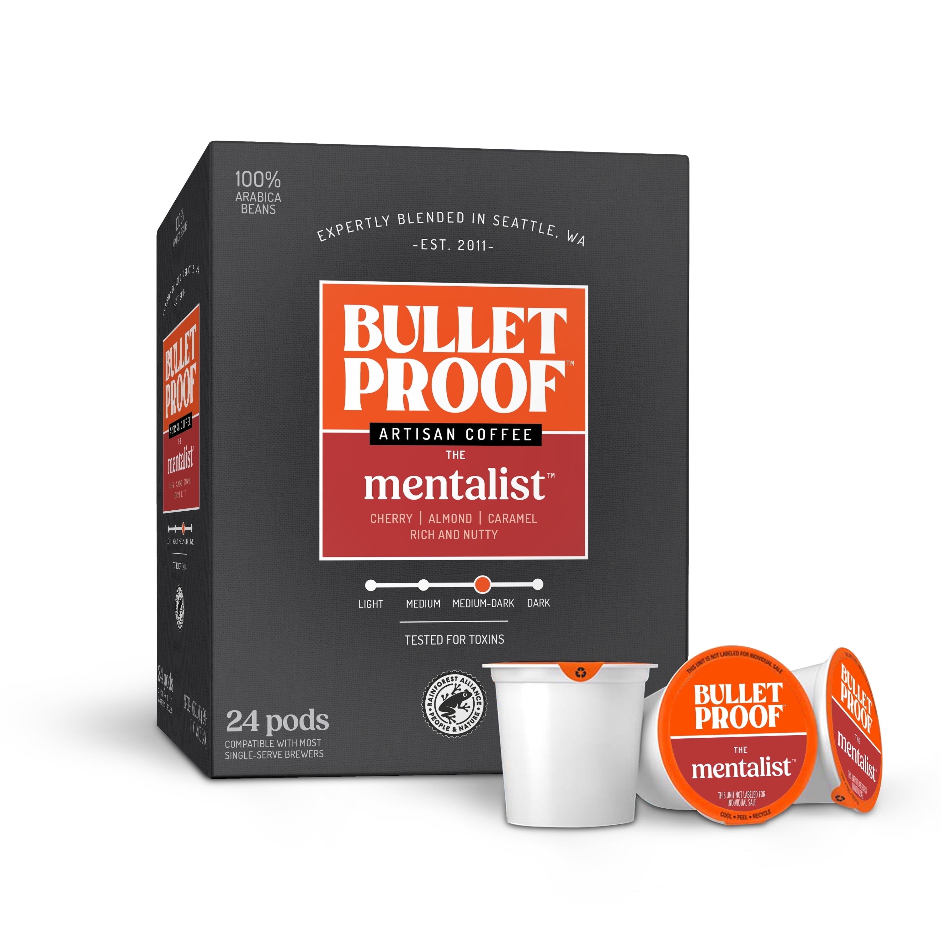 Bulletproof The Mentalist Medium-Dark Roast Single-Serve Pods, 24 Count, 100% Arabica Coffee Sourced from Central and South America, Packaging May Vary