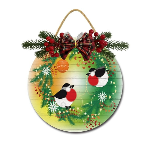 Bullfinch Christmas Sign Front for Door Decoration, 11 in Round Wood Wreaths Wall Hanging Outdoor, Farmhouse, Porch, for Spring Summer Fall All Seasons Holiday Christmas