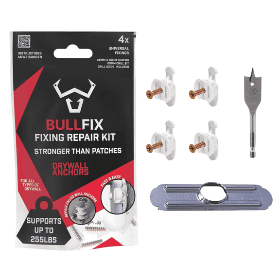 Bullfix Drywall Hole Repair Kit, Anchors, Screws, Drill Bit, Metal, Supports up to 255 lbs, 4 pack