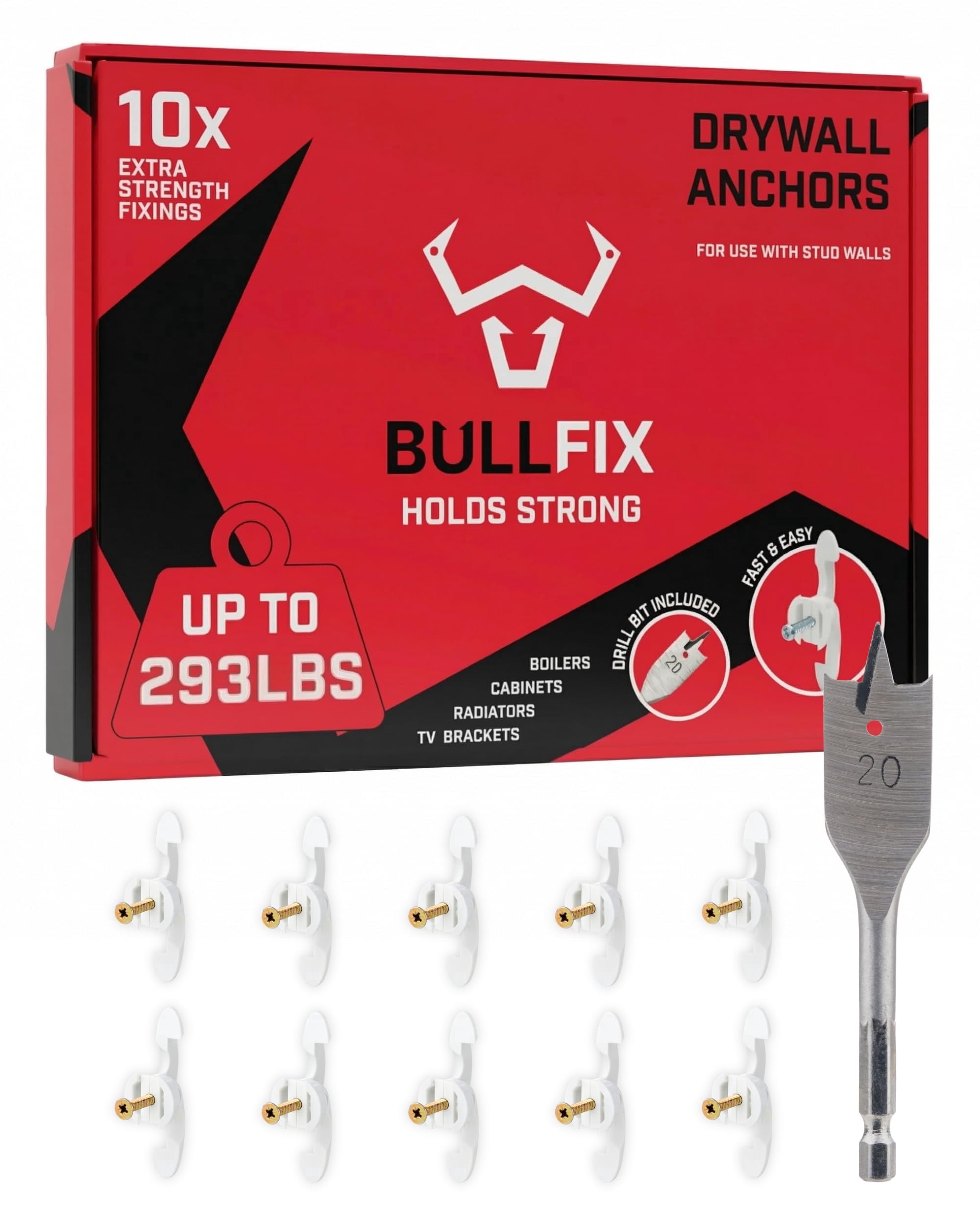 Bullfix Extra Drywall Anchors, Holds up to 293lbs, Hollow Wall Anchors & 13 to 16 inch Drill Bit, Steel, 10 Starter pack