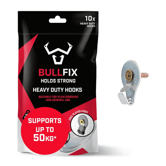 Bullfix Hook - Heavy Duty Picture Hooks for Hanging Picture Frames and Canvas onto Masonry Walls, Timber & Plasterboard, Fixings Kit - Pack of 10