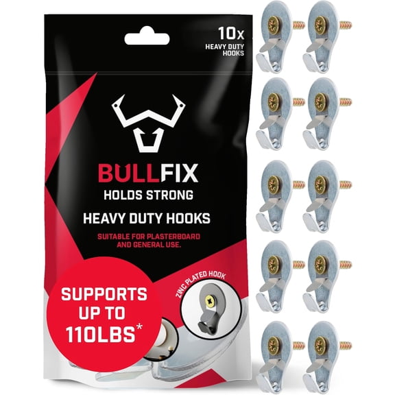 Bullfix Hook - Heavy Duty Picture Hooks for Hanging Picture Frames and Canvas onto Masonry Walls, Timber & Plasterboard, Fixings Kit - Pack of 10