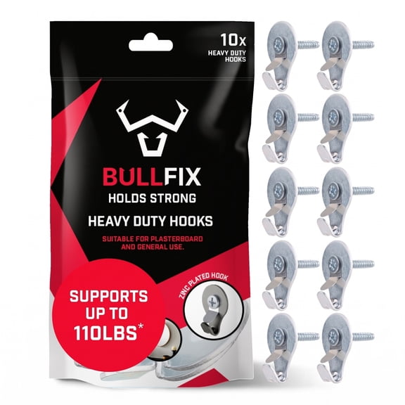 Bullfix Hook - Heavy Duty Picture Hooks for Hanging Picture Frames and Canvas onto Masonry Walls, Timber & Plasterboard, Fixings Kit - Pack of 10