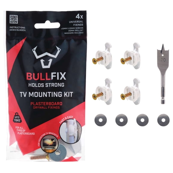 Bullfix TV Kit - Drywall Anchors for TV Bracket, Hollow Wall Anchor & Screws for Drywall Mounting, Wall Mount Hardware Kits, Holds up to 255lbs, Steel