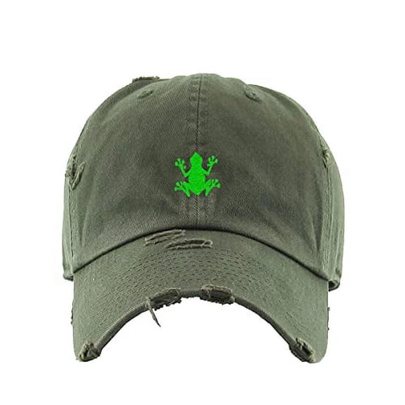 Bullfrog Vintage Baseball Cap Embroidered Cotton Adjustable Distressed Dad Hat Olive