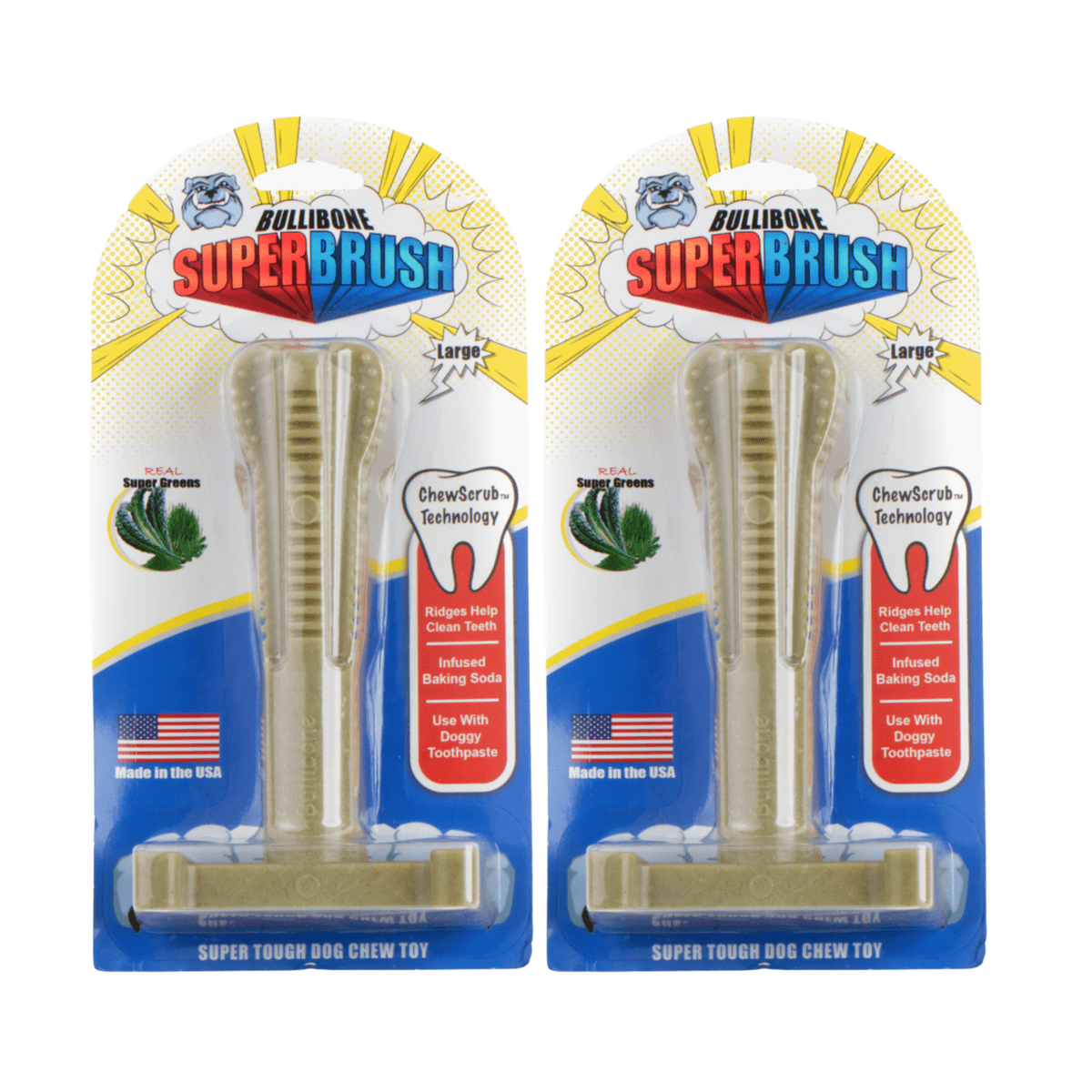 Bullibone Green SuperBrush: Dental Dog Toy Teeth Cleaning Easy Hold Dog Toothbrush - Long Lasting Nylon Chew Bones - 2 Pack