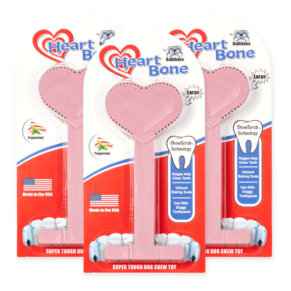 Bullibone Large Peppermint Heart Bone - Hard Dog Chew Toys for Large Dogs and Aggressive Chewers - 3 Pack