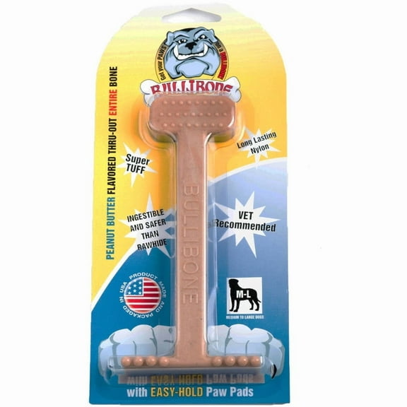 Bullibone Nylon Bone Dental Hygiene Dog Chew Toy with easy to Grip Bottom, Peanut Butter Large