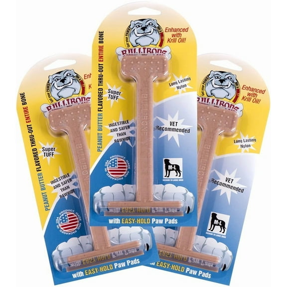 Bullibone Peanut Butter Nylon Dog Bone Toy Nylon - Improves Dental Hygiene, Easy to Grip Bottom, and Permeated with Flavor - 3 Pack