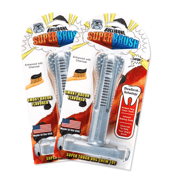 Bullibone Smoky Bacon Superbrush Dog Dental Bone – Charcoal-Infused Nylon Chew Toy with Baking Soda, Durable Dog Teeth Cleaner for Aggressive Chewers, Made in USA - Large 2 Pack