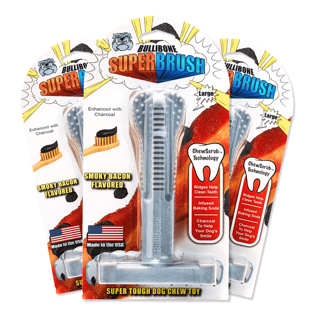 Bullibone Smoky Bacon Superbrush Dog Dental Bone – Charcoal-Infused Nylon Chew Toy with Baking Soda, Durable Dog Teeth Cleaner for Aggressive Chewers, Made in USA - Large 3 Pack