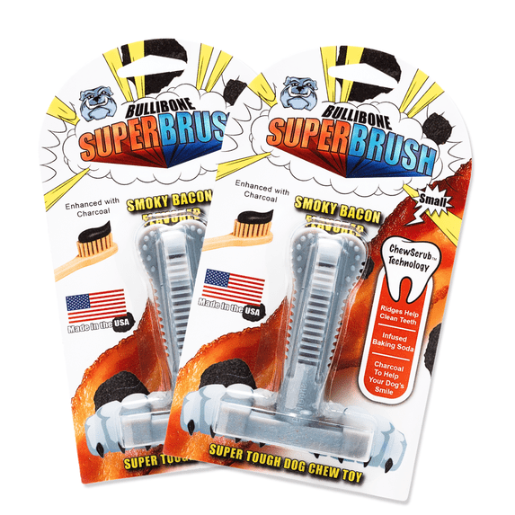 Bullibone Smoky Bacon Superbrush Dog Dental Bone – Charcoal-Infused Nylon Chew Toy with Baking Soda, Durable Dog Teeth Cleaner for Aggressive Chewers, Made in USA - Small 2 Pack