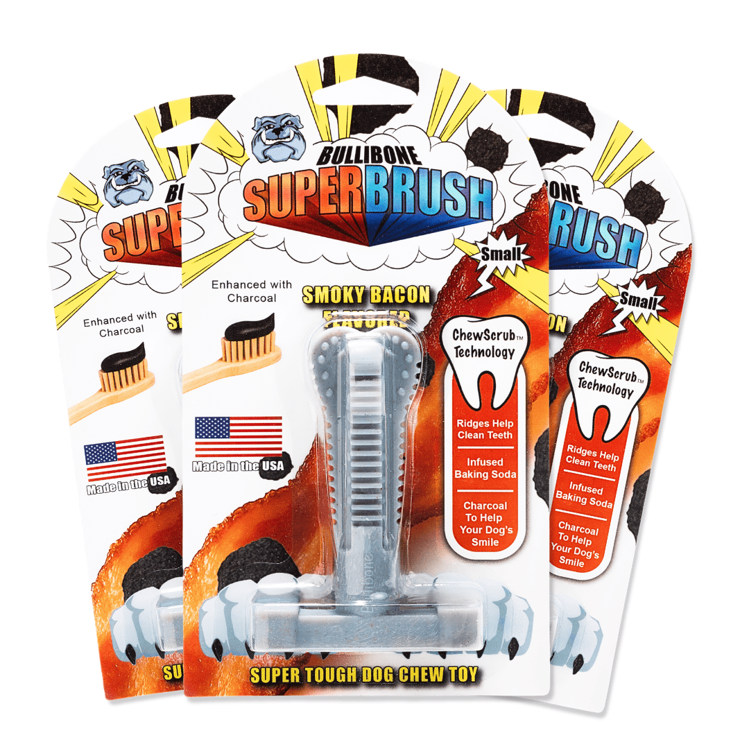Bullibone Smokey Bacon Superbrush Dog Dental Bone – Charcoal-Infused Nylon Chew Toy with Baking Soda, Durable Dog Teeth Cleaner for Aggressive Chewers, Made in USA - Small 3 Pack