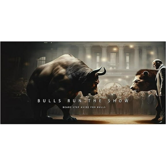 Bullish Triumph Wall Art Bull, Stock Market Canvas Print, Investors Financial Office Decor Trader Motivational Quote Investment Art