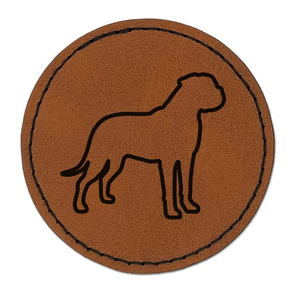 Bullmastiff Dog Outline 2.5" Faux Leather Round Engraved Iron-On Patch - Brown