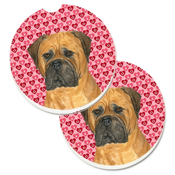 Bullmastiff Hearts Love and Valentines Day Portrait Set of 2 Cup Holder Car Coasters