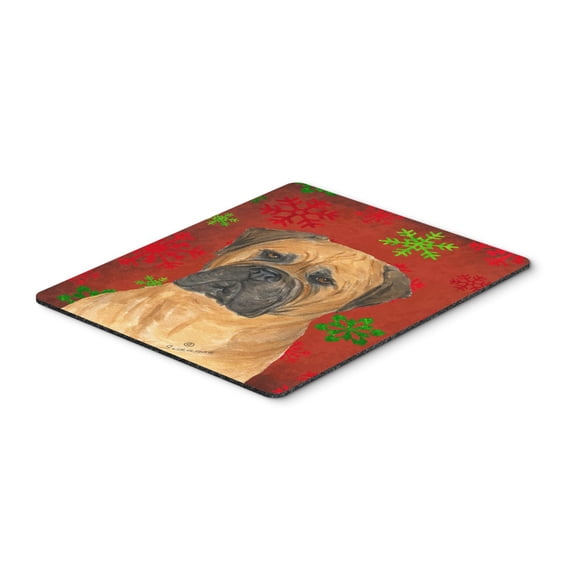 "Bullmastiff Red and Green Snowflakes Holiday Christmas Mouse Pad Hot Pad or Trivet"