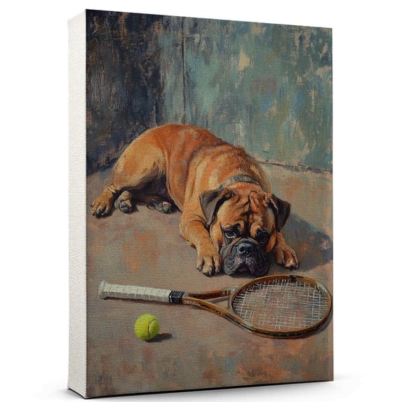 Bullmastiff Vintage Dog Tennis Canvas – Artistic Sports, Bullmastiff Dog with Tennis Stretched Canvas Size 8x12 Wall Print for Bedroom, Living Room, Office