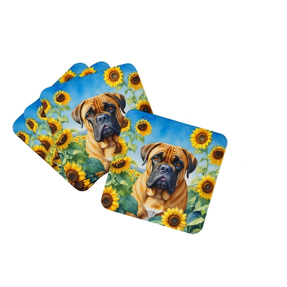 Bullmastiff in Sunflowers Foam Coasters 3.5 in x 3.5 in