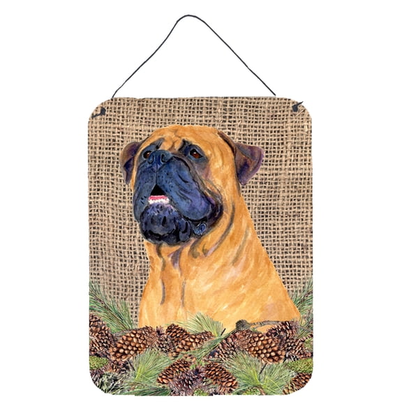 Bullmastiff on Faux Burlap with Pine Cones Wall or Door Hanging Prints