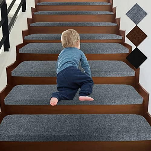 Bullnose 9"X36" Self-Adhesive Stair Treads Carpet Non-Slip and Perfect for Indoor Wooden Steps, Washable and Removable Stair Rugs for Elders and Dogs, Set of 15, Dark Grey$$Tools & Hardware Other