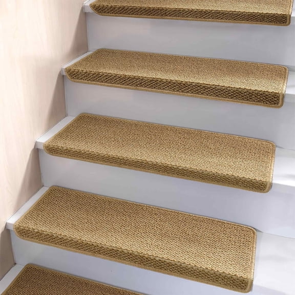 7 Pack Bullnose Polypropylene Carpet Stair Treads, Non-Slip Washable Soft Edging Staircase Protectors for Indoor Wooden Steps & Pets, 29.5"Lx9.5"Wx1.5"H, Beige