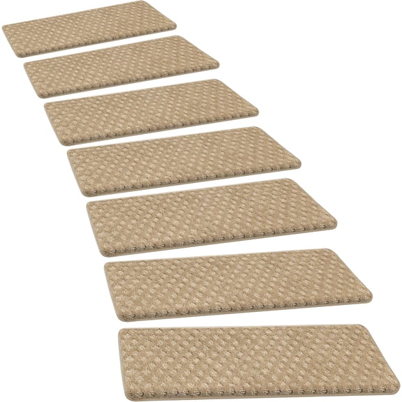 Bullnose Carpet Stair Treads Set Tape Free Non-Slip Indoor Protectors Pet Friendly Rugs 9.5" x 30"(2 Pieces,Khaki Mini-Diamond Trellis) | 30x9.5 Inch Self Adhesive Non Slip Protectors, Reduce Noise