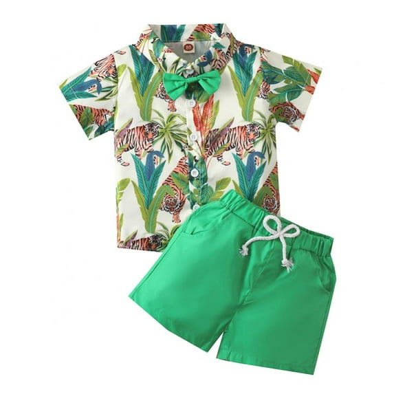 Bullpiano 0-4T Toddler Baby Boys Summer Print Shirt Outfits Clothes Short Sleeve Button Down Tops + Shorts Set (Green)