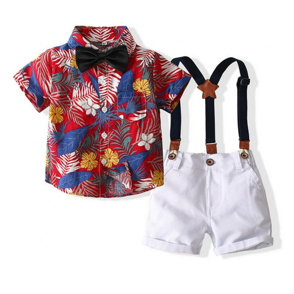 Bullpiano 1-6T Summer Toddler Suspender Short Suit Baby Boys Clothes Sets Short Sleeve Leaves Floral Print Bowtie Shirt+Suspender Shorts Gentleman Outfits Suits (Style F)